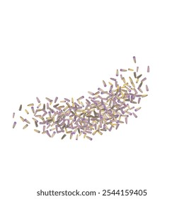 Dry lavender flowers vector icon, scattered lavandula perfume buds, petals, fragrance lilac blossoms, violet spice seeds, small dried purple flowers on white background isolated