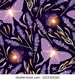 Dry Lavender And Moon Moth Vector Seamless Pattern