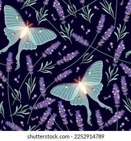Dry lavender and moon moth vector seamless pattern