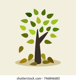 dry leaves falling off the tree. color shades of green concept. vector illustration.