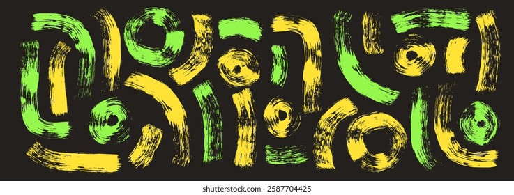 Dry marker squiggle and circles ink lines. Vector hand drawn wave round highlighting paint shapes. Abstract curved collage graphic. Yellow and green scribble paintbrush wobble grunge illustration.