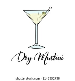 Dry Martini alcohol cocktail in glass with green olive and lettering typography. Vector illustration isolated on white background. Classic cocktail. Hand sketched composition made for menu design, bar