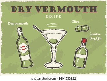 Dry martini classic cocktail retro recipe poster. Vector illustration