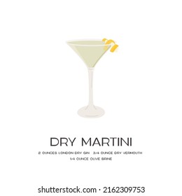 Dry Martini Cocktail In Glass With Ice Garnished With Lemon Twist. Summer Aperitif Recipe Retro Minimalistic Square Card. Print With Alcoholic Beverage On White Background. Vector Flat Illustration.