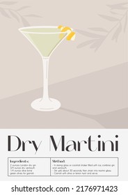 Dry Martini Cocktail in glass with ice and lemon twist. Summer aperitif recipe retro elegant poster. Print with alcoholic beverage decorated with lemon twist and olive tree on background. Vector.