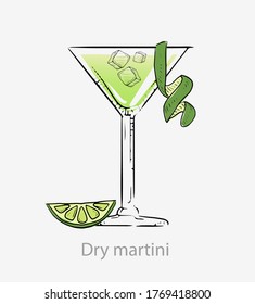 Dry martini cocktail. Cocktail, green with slice lime green peel alcoholic aperitif based vodka dry vermouth olives lime served in vector glass martini ice category new era drinks.