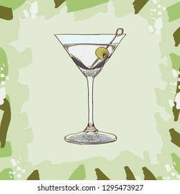 Dry martini cocktail illustration. Alcoholic bar drink hand drawn. Pop art