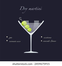 Dry martini cocktail isolated on a lemon background. Retro party, Vector illustration, fresh drink menu.