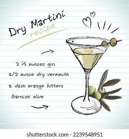 Dry Martini cocktail, vector sketch hand drawn illustration, fresh summer alcoholic drink with recipe and fruits	
