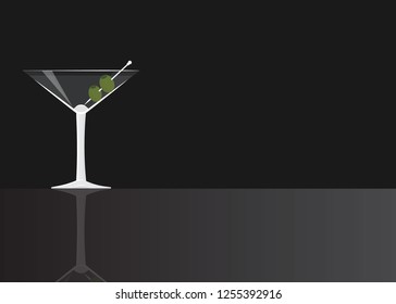 Dry Martini  on black mirrored background. Vector illustration for web and print,  party invitation or menu decoration