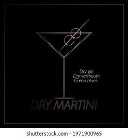 Dry martini recipe. Holographic logo of alcohol cocktail. Classic cocktail with olives in martini glass. Vector illustration isolated on black background.