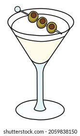 Dry Martini variation cocktail in specific glass. Gin based transparent drink garnished with olives. Stylish doodle cartoon vector illustration good for cards, menu decoration, posters.