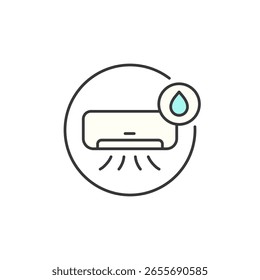 Icono de HVAC en modo seco con líneas de flujo de aire y gotitas centrales; ilustra el proceso de deshumidificación, la eliminación del exceso de humedad y el equilibrio de aire interior optimizado durante los ciclos de enfriamiento