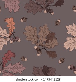 
Dry oak leaves and acorns. Hand drawn seamless pattern. Autumn collection. Vector illustration. 