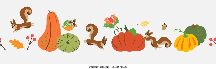 Dry oak leaves and acorns, pumpkins, cones and squirrel. Autumn seamless border pattern. Vector illustration of autumn forest.