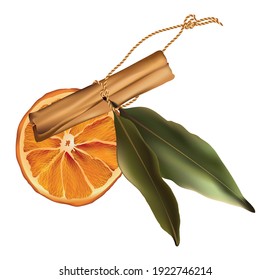 Dry Orange Slice Cinnamon Stick Bay Leaf Vector 3d Template Isolated On White. Realistic Illustration Style. Mulled Wine Recipe. Winter Wallpaper Symbol. Macro Close Up. 