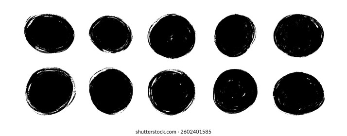 Dry paint circle stain set. Black grunge ink round frame collection. Brush stroke radial element pack. Hand drawn charcoal blobs for poster design, banner, template, text box. Vector circular spots