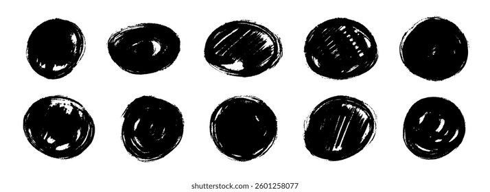 Dry paint round stain set. Black grunge ink circle collection. Brush stroke radial element pack. Hand drawn charcoal blobs for frame design, poster, banner, template, text box. Vector circular spots