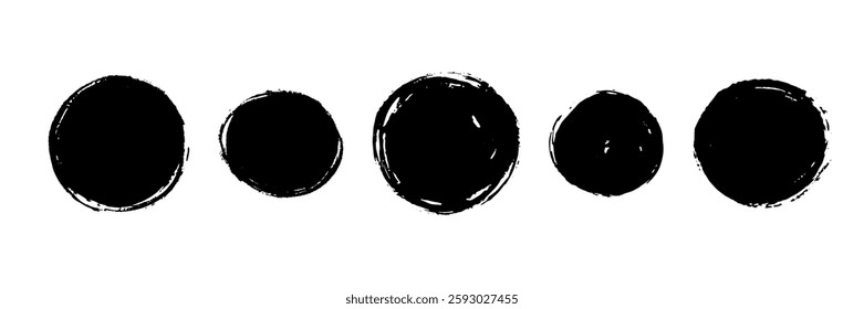 Dry paint round stains set. Black grunge ink circle collection. Textured brush stroke radial element pack. Hand drawn charcoal blobs for frame design, poster, banner, template. Vector circular spots