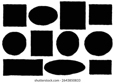 Dry paint square and round stain set. Black grunge ink frame collection. Brush stroke element pack. 