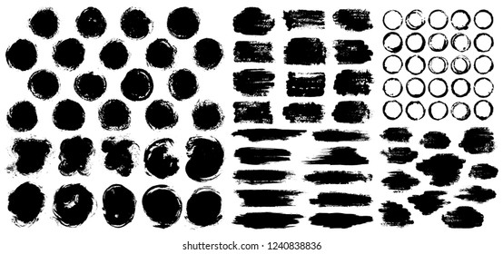 Dry paint stains brush stroke backgrounds set. Dirty artistic vector design elements, boxes, frames for text, labels, logo. Hipster stickers, paintbrush grunge stamp label backgrounds, circle frames.