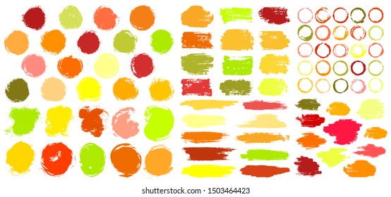Dry paint stains brush stroke backgrounds set. Dirty vector design elements, boxes, frames for text, labels, logo. Autumn colors stickers, paintbrush grunge stamp label backgrounds, circle frames.