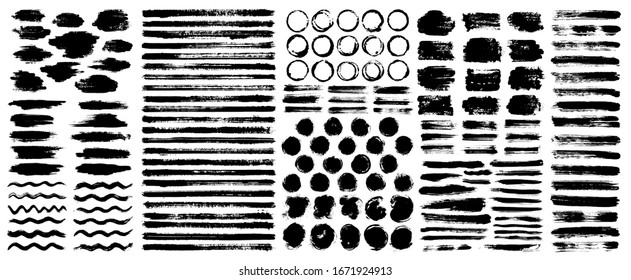 Dry paint stains brush stroke backgrounds set. Dirty artistic vector design elements, boxes, frames for text, labels, logo. Hipster stickers, paintbrush grunge stamp label backgrounds, circle frames. - Shutterstock ID 1671924913