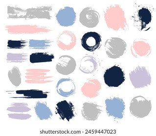 Dry paint stains brush stroke backgrounds set. Dirty artistic vector desigan elements, boxes, frames for text, labels, logo. Grunge stickers, paintbrush grunge stamp label backgrounds, circle frames.