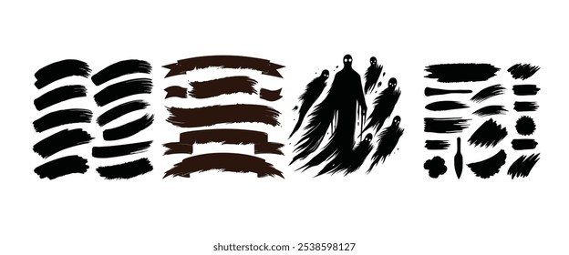 Dry paint stains brush stroke backgrounds set. Dirty artistic vector design elements, boxes, frames for text, labels, logo. Hipster stickers, paintbrush grunge stamp label backgrounds, circle frames.
