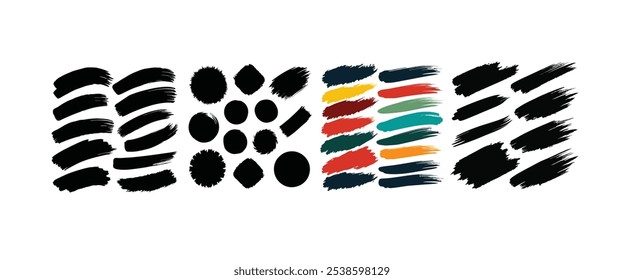Dry paint stains brush stroke backgrounds set. Dirty artistic vector design elements, boxes, frames for text, labels, logo. Hipster stickers, paintbrush grunge stamp label backgrounds, circle frames.