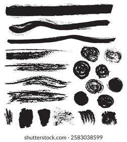 Dry paint stains brush stroke backgrounds set. Dirty artistic vector design elements, boxes, frames for text, labels, logo. Hipster stickers, paintbrush grunge stamp label backgrounds, circle frames.