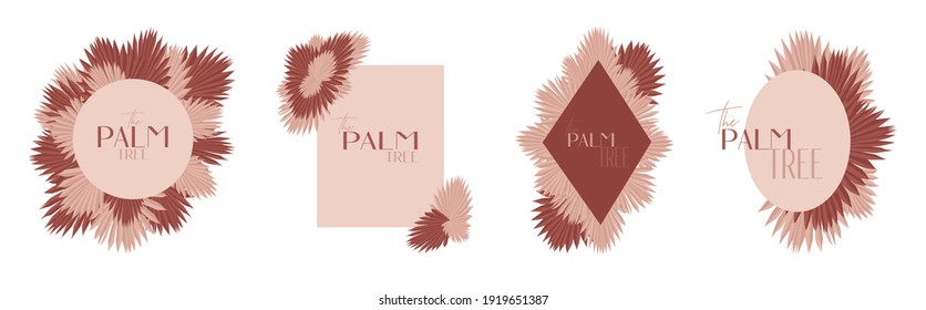 Dry Palm Leaves Rose Gold Big Vector Set Illustration Template. Minimalistic Chic Frame Pink And Burgundy Colours, Palm Tree Tropical Leafs. Save The Date Foliage Cover, Modern Poster, Trendy Design