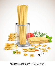 Dry pasta assortment With basil leaves tomato dill and black pepper ingredients realistic composition poster vector illustration 
