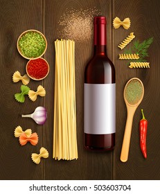 Dry pasta dish ingredients with bottle red wine wooden spoon en chili pepper sauce realistic poster vector illustration 