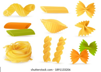 Dry pasta objects. Realistic italian culinary ingredients, different pasta and noodles shapes. Homemade farfalle and fusilli, gemelli and penne, conchiglie and cavatappi, carbohydrate food. Vector set