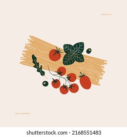 Dry Pasta With Tomatoes And Basil. Textured Illustration. Italian Food