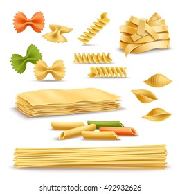 Dry pasta types assortment of spaghetti shells colored butterflies and fusilli springs realistic icons collection vector illustration 