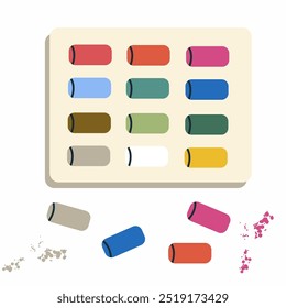 Dry pastel kit, oil pastel sticks, coloured pencils, colored crayon kit in box, case.  Painting wax soft stationery, pigments. Drawing tools, art supplies. Flat vector illustration hand drawn.