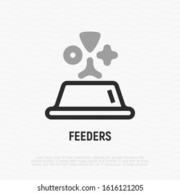 Dry pet food in bowl. Thin line icon. Symbol of feeder. Modern vector illustration.