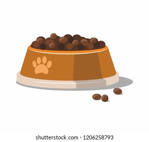 Dry pet food in a metal orange bowl isolated on white background. Vector Illustration