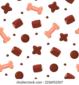 Dry pet food pattern. Seamless print of dog meal cartoon flat style, snacks for domestic and street animals colorful background. Vector texture. Nourishing treats for kittens and puppies