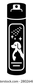 Dry pet shampoo spray can black silhouette icon with spray nozzle, mist dots, dog and cat label, sparkle details, and product lines isolated on white background. Minimal animal hygiene product illustration for waterless cleaning, coat freshness, product label, and packaging.
