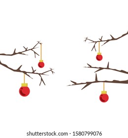 dry pine tree branches with snow and balls hanging vector illustration design