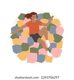 Dry pool isolated cartoon vector illustration. Girl playing and jumping in soft cubes in dry pool, entertainment centre, active lifestyle, indoor playground at trampoline park vector cartoon.
