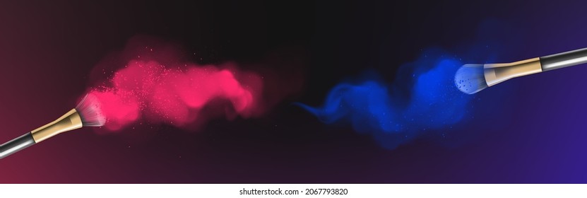Dry powder, eye shadow splashes, cosmetics brush with colorful blue and red make up traces. Product swatch, samples on black background, abstract design for cosmetic product. Realistic 3d vector set