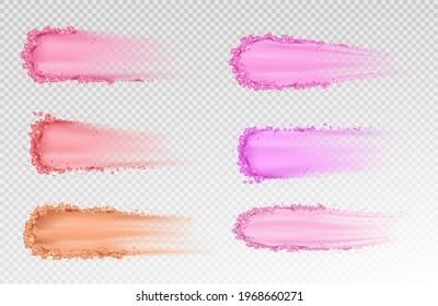 Dry powder, skin foundation smears, eye shadows brush strokes broken texture. Beauty make up cosmetics product swatch, smudge trace samples isolated on transparent background. Realistic 3d vector set