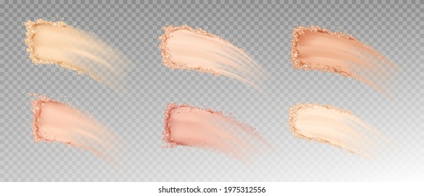 Dry powder, skin foundation smears, blush brush strokes broken crumbly texture. Beauty make up cosmetics product swatch, smudge trace samples isolated on transparent background Realistic 3d vector set