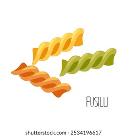 Dry raw italian pasta fusilli with lettering isolated on white background.