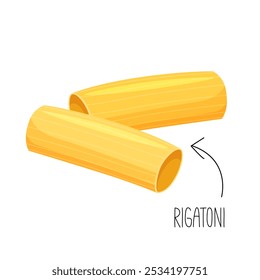 Secar rigatoni macarrão italiano cru com letras isoladas sobre fundo branco.