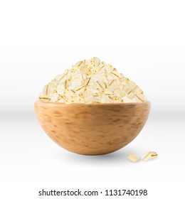 Dry Raw Oat Flakes in Wooden Bowl Isolated on White Background. Vector 3d Realistic Illustration of Rolled Flat Grains of Wheat, Bran, Barley, Rye Cereals for Muesli or Granola